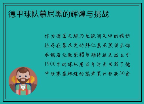 德甲球队慕尼黑的辉煌与挑战
